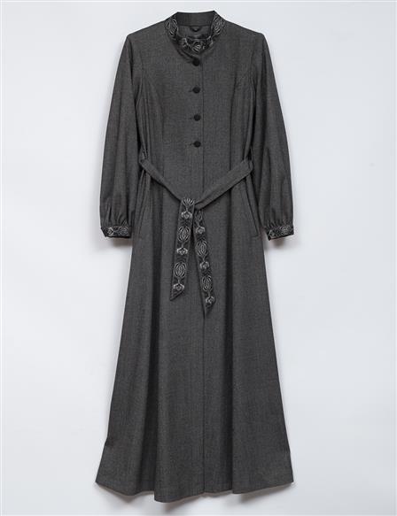 Embroidered Belted Topcoat Black