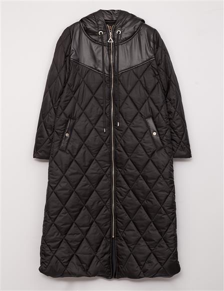 Diamond Patterned Hooded Coat Black