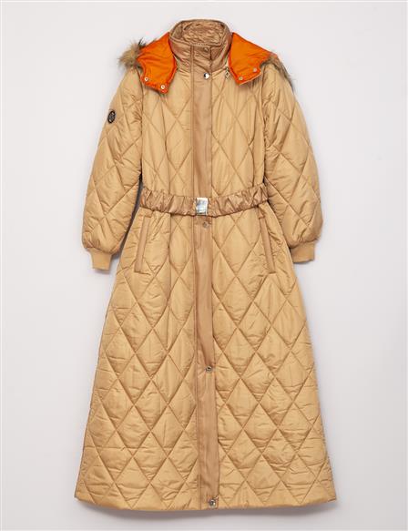 Diamond Pattern Ribbed Inflatable Coat Beige