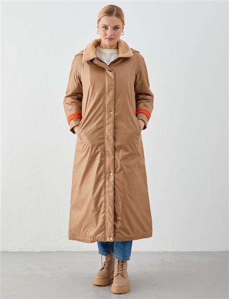 Furry Collar Inflatable Coat Beige