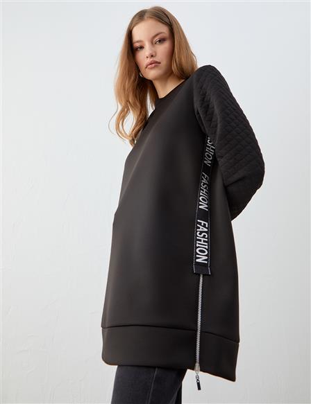 Baskılı Şerit Detaylı Sweatshirt Siyah
