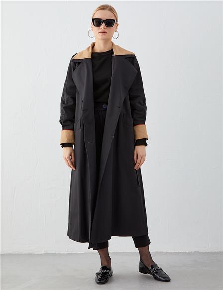 Wide Collar Belted Trench Coat Black