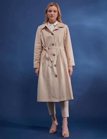 Belted Bone Button Trench Coat Sand Beige