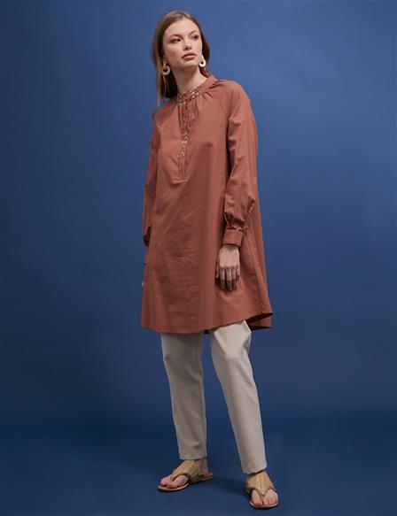 Embroidered Grandad Collar Tunic Camel