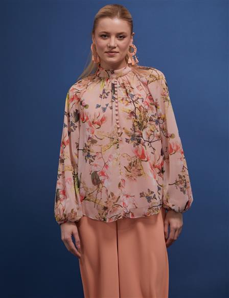 Floral Patterned Balloon Sleeve Blouse Powder