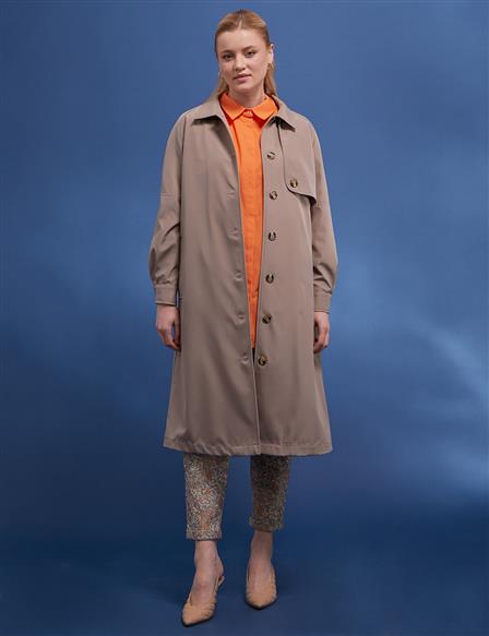 Back Pleated Bone Button Trench Coat Stone