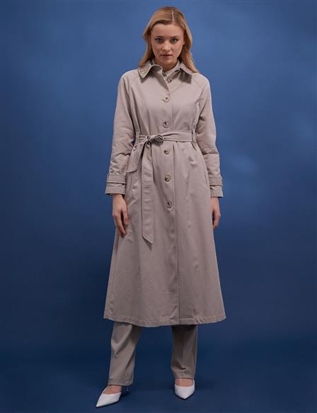 Neck Brocade Detailed Trench Coat Clay