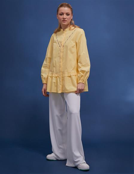 Eteği Fırfırlı İşlemeli Bluz Açık Sarı
