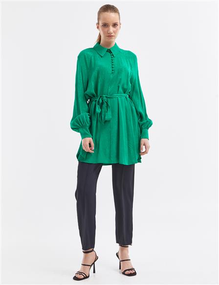 Jacquard Balloon Sleeve Blouse Grassgreen