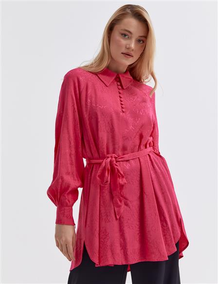Jacquard Balloon Sleeve Blouse Fuchsia