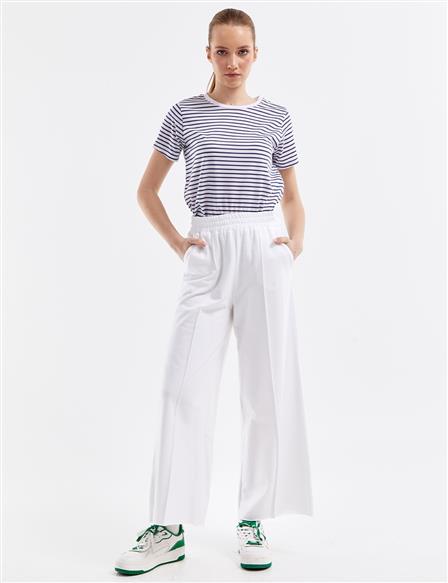 Beli Lastikli Geniş Paça Pantolon Beyaz