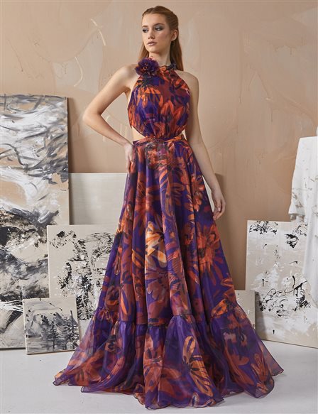 Floral Patterned Flowy Evening Dress Purple