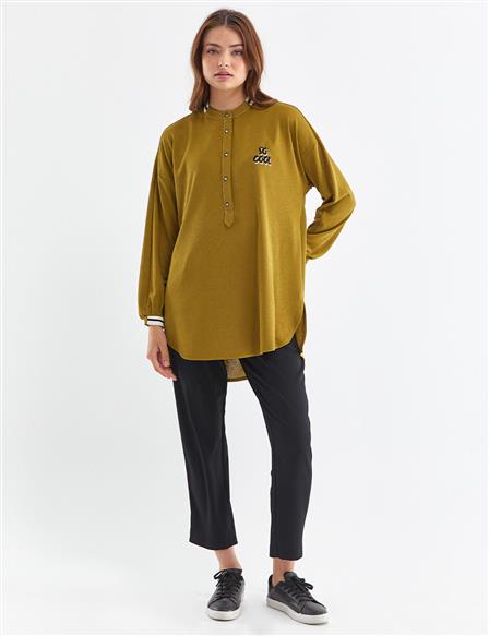 Slogan Nakışlı Gabardin Tunik Oliv
