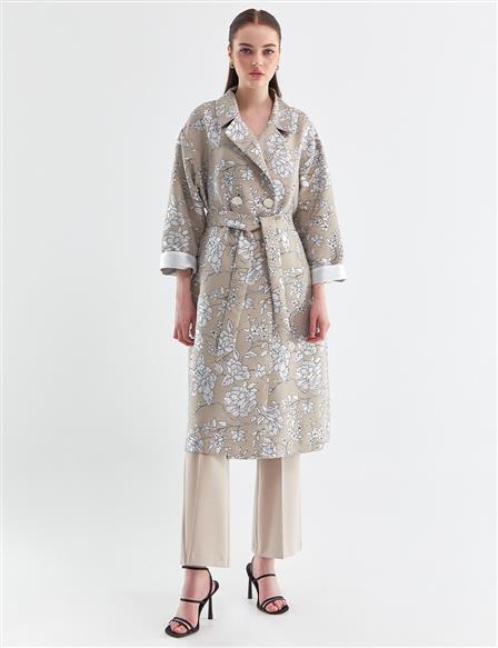 Floral Pattern Trench Coat Stone
