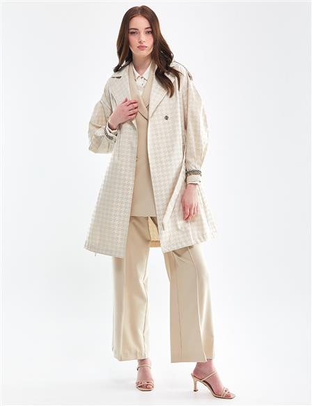 Houndstooth Patterned Trench Coat Cream