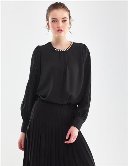 Pearl and Chain Detailed Blouse Black