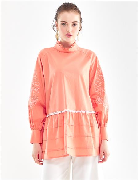 Embroidered Standing Collar Tunic Peach