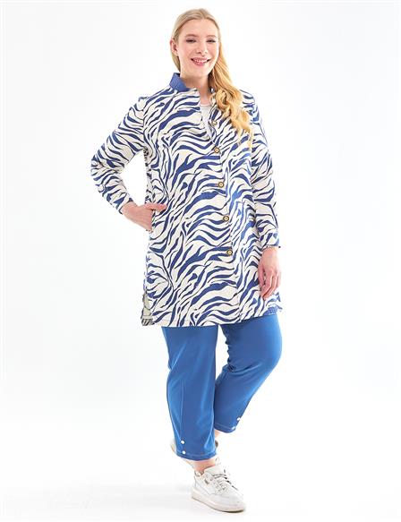 Zebra Patterned College Collar Tunic Ecru-Blue