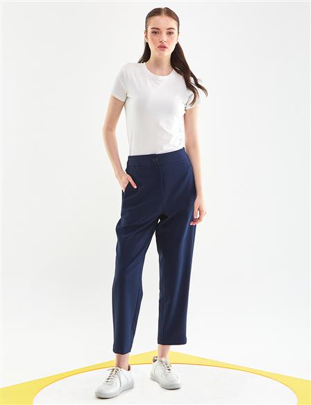 High Waist Fabric Pants Navy