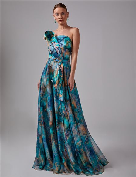 Abstract Patterned Strapless Evening Dress Turqoise