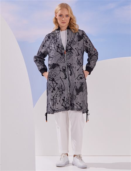 Abstract Patterned Sports Trench Coat Black and White