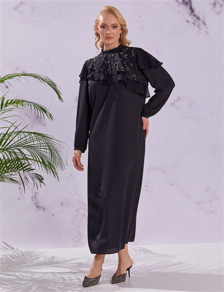 Embroidered Ruffle Collar Dress Black