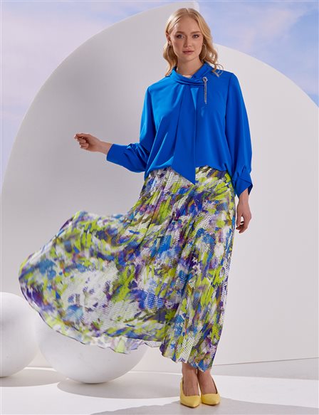 Brooch Shawl Collar Blouse Cobalt Blue