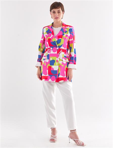 Multicolored Graphic Pattern Blazer Jacket Ecru-Fuchsia