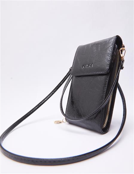 Clamshell Wrinkled Patent Leather Wallet Bag Black