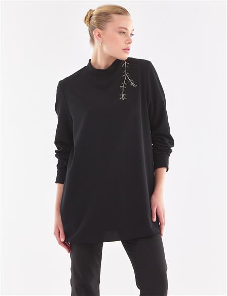 Bead Embroidered Stand Up Collar Blouse Black