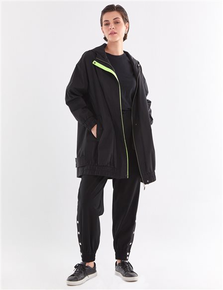 Elastic Hemline Short Trench Coat Black