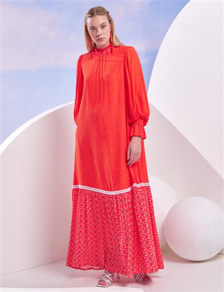 Layer Detailed Balloon Sleeve Dress Coral