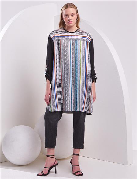 Abstract Patterned Crew Neck Tunic White-Black