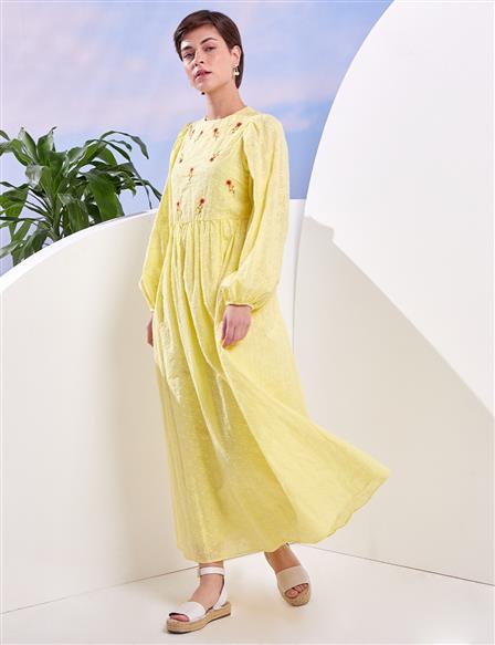 KYR Floral Embroidery Dress Yellow