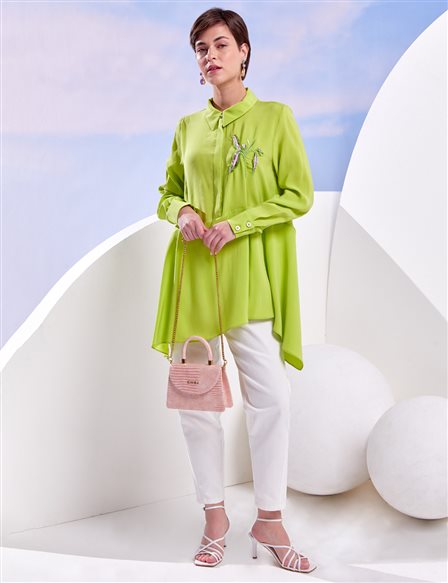 Embroidered Asymmetrical Cut Tunic Clover Green