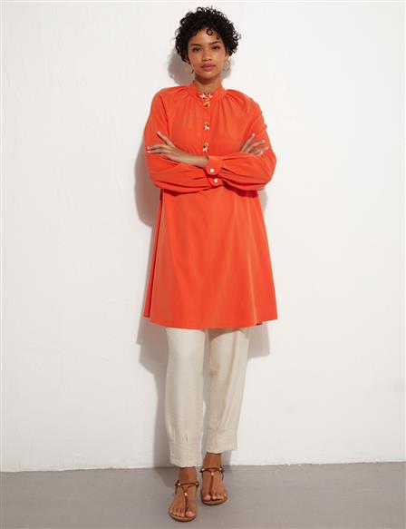 Embroidered Half Placket Tunic Coral