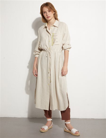 İşlemeli Cep Detaylı Elbise/Tunik Krem