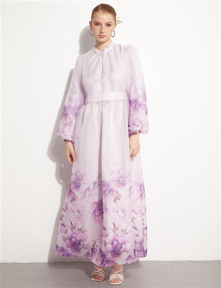 Floral Pattern Chiffon Covered Dress Light Lilac