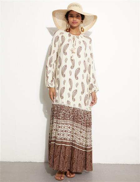 Ethnic Patterned Maxi Dress Brown-Cream