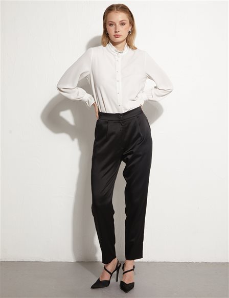 Pleated Satin Pants Black