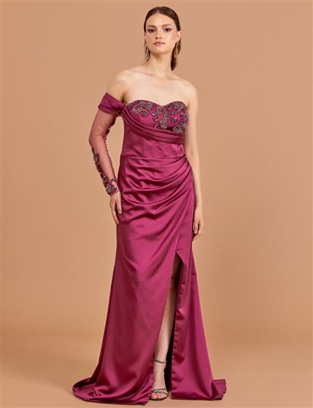 Embroidered Strapless Evening Dress Purple