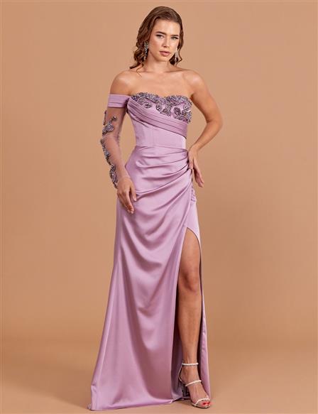 Embroidered Strapless Evening Dress Lilac