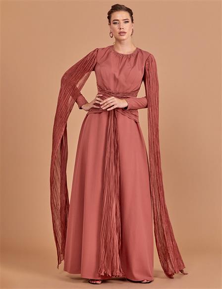 Tulle Detailed Draped Evening Dress Dusty Rose