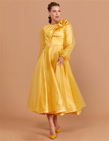 Tulle Covered Silvery Evening Dress Yellow