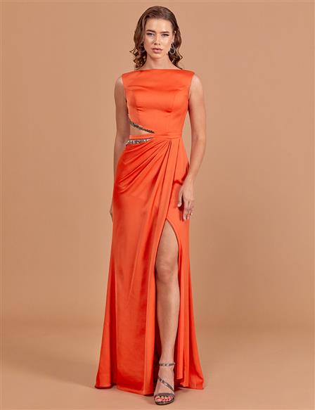Slit and Stone Evening Dress Orange
