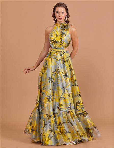 Floral Patterned Flowy Evening Dress Grey-Yellow