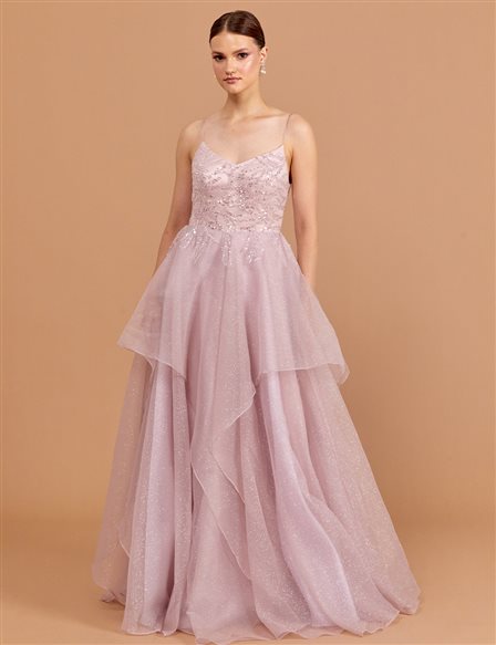 Silvery Tulle Skirt Evening Dress Powder