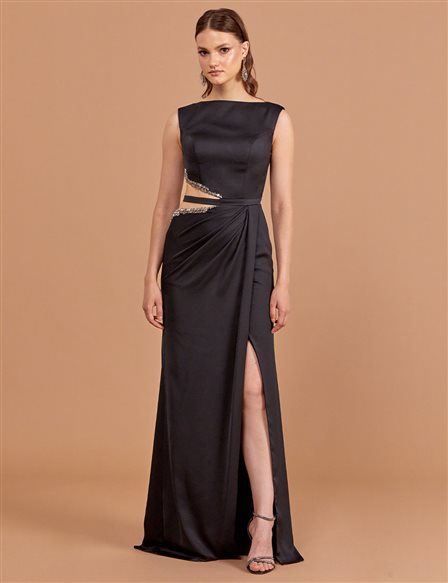 Slit and Stone Evening Dress Black