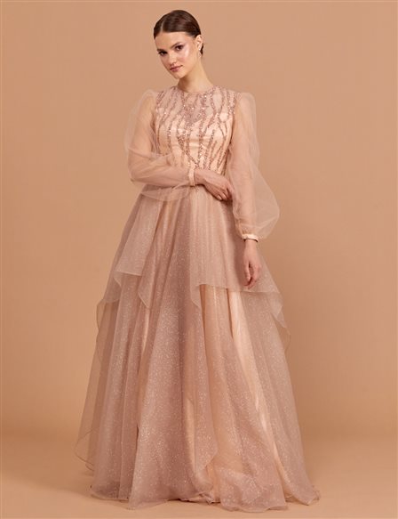 Sequined Tulle Covered Evening Dress Copper