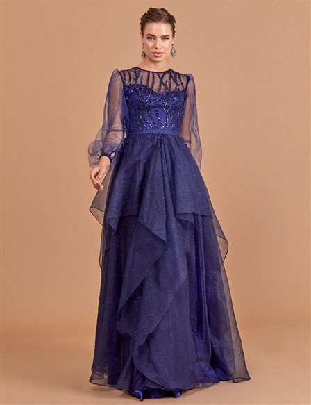 Sequined Tulle Covered Evening Dress Navy